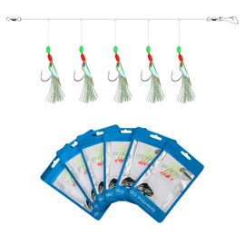 Luroad 10pcs Mackerel Feathers Rigs, Pre Tied Sea Fishing Rigs with Luminous Beads Bionic Flying Insects Lure Rig (Hook Size 16, Fluro Flasher - 10pcs)