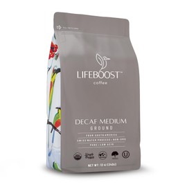 Lifeboost Medium Roast Swiss Water Decaf Coffee Ground - Non-GMO Low Acid Single Origin USDA Decaf Organic Coffee - Third Party Tested For Mycotoxins & Pesticides - 12 Ounces
