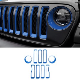 CheroCar for JL Mesh Grille Grill Insert & Headlight Turn Light Cover Trim Exterior Accessories for Jeep Wrangler JL 2018-2023, Blue