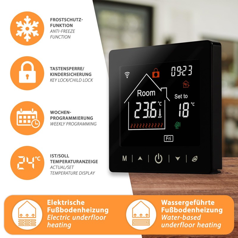 Mi-Heat M2 Digital Thermostat WLAN & Bluetooth Black - Underfloor