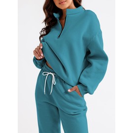 Aleumdr Women's 2025 Two Piece Outfit Half Zip Long Sleeve Pullover with Sweatpants Set Cozy Pajamas Tracksuit Set Peacock green X-Large