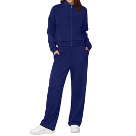 XIEERDUO Two Piece Sets for Women Zip-Up Sweatshirt Wide Leg Sweatpant 2 Piece Outfits Sweatsuit Tracksuit Navy Blue S