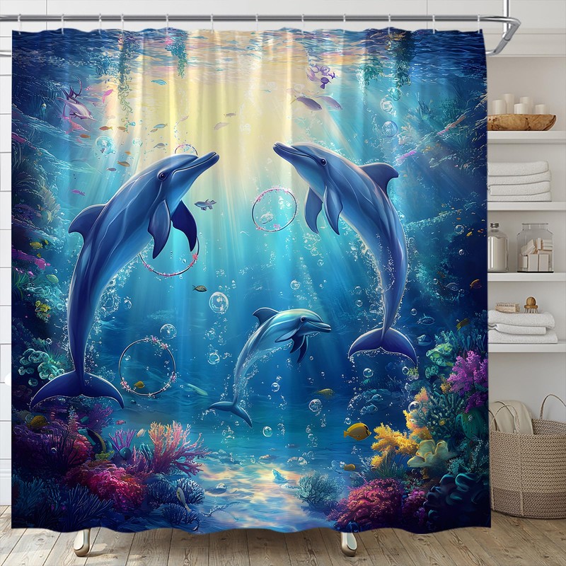 UEAUUN Funny Dolphin Shower Curtain Underwater World Tropical, 70x70 Inch