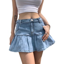 Tanming Women's Pleated Jean Skirt Casual A-Line Ruffle Y2K Mini Denim Skirt (LightBlue-M)