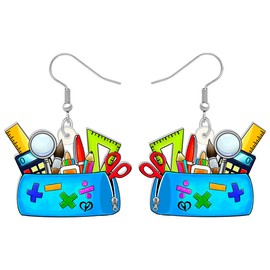 TIZURO Back To School Acrylic Cute Ruler Pencil Cups Earrings Fun Pencilcase Dangle Novelty Jewelry For Women Teacher's Day Charms Gifts (Blue)