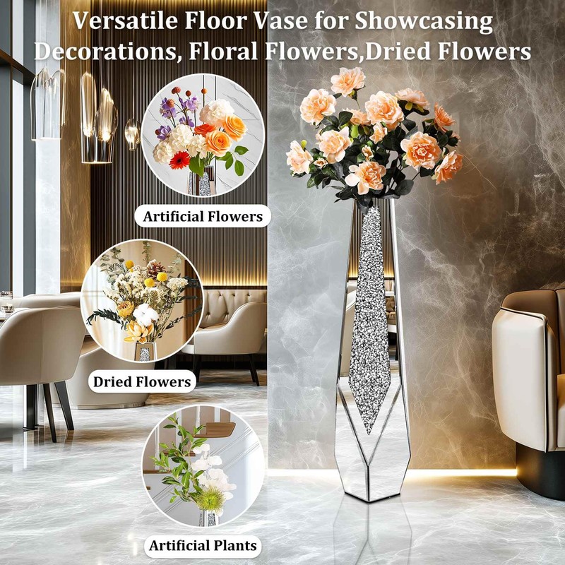 Artloge Mirror Floor Vase Crushed Diamond Silver Bling Centerpiece 33.6
