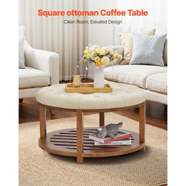 VEVOE Large Round Ottoman Coffee Table, 31.9 Inch Tufted Coffee Table with Solid Wood Shelf Storage, Linen Solid Upholstered Footrest Ottoman for Bedroom Living Room, 350 LBS, Linen Color