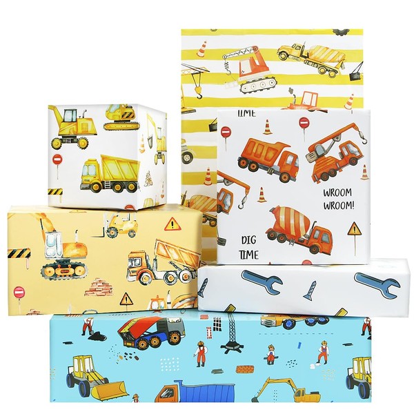 Construction Wrapping Paper, 6 Sheet Excavator Tractor Dump Truck Bulldozer