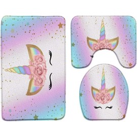 AMFD 3 Pieces Bath Rugs Unicorn Rainbow Magic Head Rose Flower Romantic Cute Girl Baby Kid Pink Blue Cartoon Bathroom Decor Mat Set Soft Memory Foam Backing,16x24 Inch Bath Mat Sets or Bathroom Decor