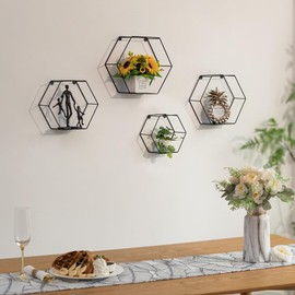 Walasis Hexagon Shelves Black Metal - Floating Geometric Hexagon Shelf Wall Mount - Plant Shelves Hexagonal Decor Set of 4