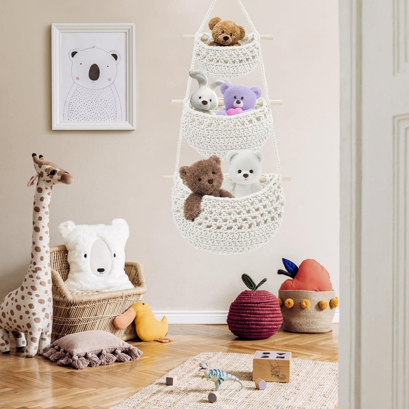 yuuzue 3 Tier Hanging Fruit Basket, Cotton Woven Wall Hanging