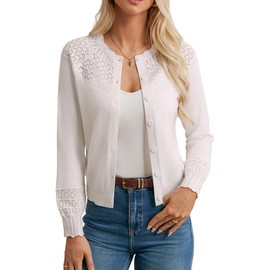 GRACE KARIN Women Cropped Knitted Cardigans Tops Casual Button Front Knit Sweater Shrugs Long Sleeve Summer Knitwear White XL