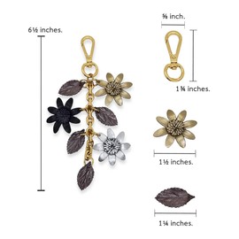 Jomo Joy Leather Flowers Keychain Purse Tassels, Gold, Silver and Black Daisies, 6½" Long, Gold/Silver/Black, 6.5 Inches