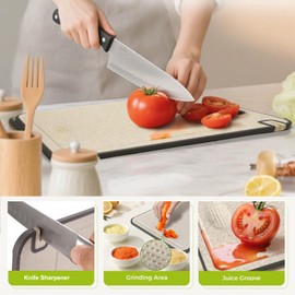 Double Sided Cutting Board, Stainless Steel Multi-Purpose Cutting Boards for Chopping Meat/Vegetables/Fruits, Built-in Knife Sharpener & Garlic Grater, with Juice Groove & Handle, 14.5”Lx10”W