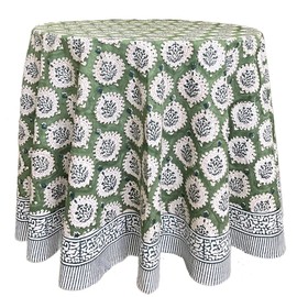 ATOSII Kari Green 100% Cotton Round Boho Spring Summer Tablecloth, Block Print Floral Table Cloth Linen for Dining, Parties, Weddings, OutdoorsI Home Table Decor 90" Inches Round