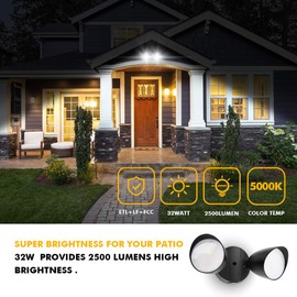 LUTEC 6222B 2500 Lumen 32 Watt 28 LED Dual-Head Floodlight Outdoor, Full Metal Design, Waterproof Exterior Security Wall Light 5000K for Patio, Garden, Yard-Black