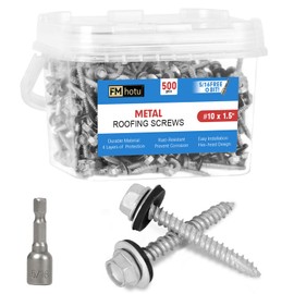 FMhotu Metal Roofing Screws #10×1-1/2Inch, 500-PCS, Hex Head Rustpert Coating Sheet Metal to Wood Siding Screw with EPDM Rubber Washer, Sharp Point, Hex Socket Included