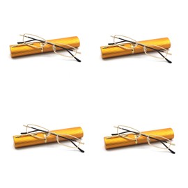 EYE ZOOM 4 Pack Compact Slim Metal Reading Glasses with Tube Case for Men Women, Gold +1.50