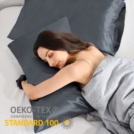 Vielit Set of 2 Satin Pillowcases, Soft as Silk Pillowcases, Better Care Than Silk Pillowcases, for Hair and Skin, with 2 Hair Scrunchies, 70 x 40 cm, Dark Grey