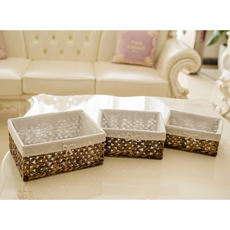 Rectangular Woven Seagrass Storage Bin with Handle,Kingwillow. (water hyacinth, Large)