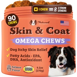 Natural Dog Company Skin & Coat Supplement for Dogs – Omega 3 Salmon Oil, Biotin & Vitamin E Support Shiny Coat, Healthy Skin & Normal Shedding, Promotes Comfort from Occasional Itch, 90 Count