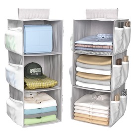 2Pcs Hanging Wardrobe Storage Organisers 3 Shelves, XingyLi Foldable Hanging Closet Organiser with Side Pockets, Space-Saving, Grey Fabric Clothes Storage Shelves Units for Bedroom for Bag Shoes Socks