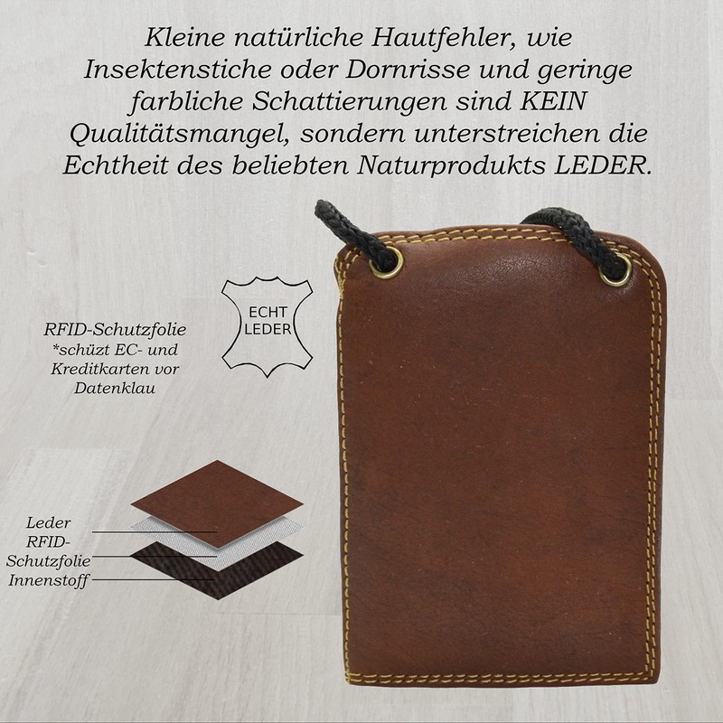 Roberto Genuine Leather Neck Pouch in Dark Brown, brown, Classic