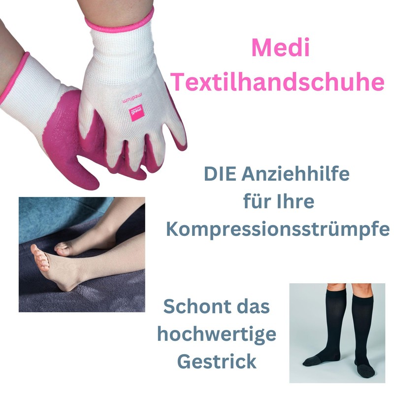 Medi textile gloves for easy putting on compression socks, including