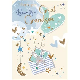New Baby Great Grandson Thank You Card - Rabbit and Balloons - Special Finishes and Illustrated Insert Leaf - Made in the UK
