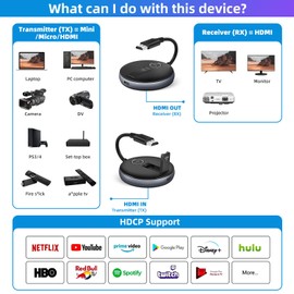 ZOCIBIHI Wireless HDMI Transmitter and Receiver,1 TX and 1 RX, Simultaneous Expansion of Multiple TVs, Wireless HDMI Adapter Kit Laptop, PC, TV Box Screen Mirroring to Projector HDTV 50m/165ft