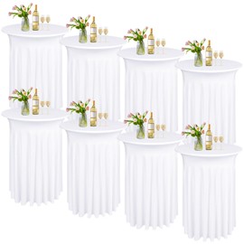 LOKUME 8 Pack Round Cocktail Table Skirts 32 x 43 Inch White Spandex Cocktail Table Covers with Wavy Drapes Stretch Fitted Round High Top Tablecloths for Wedding Bar Party Banquet