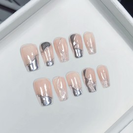 TENPAL Short Coffin Press on Nails Cat Eyes Ombre Magic Mirror Fake Nails With Glue Irregular Metallic Line Designs False Nails Glitter Y2k Handmade Nails Press ons For Women Girls 10pcs/Box(M)