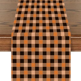 Linen Fall Plaid Table Runner, Thanksgiving Orange and Black Checkered Autumn Kitchen Dining Table Decoration for Home Party Decor, 13"x72"