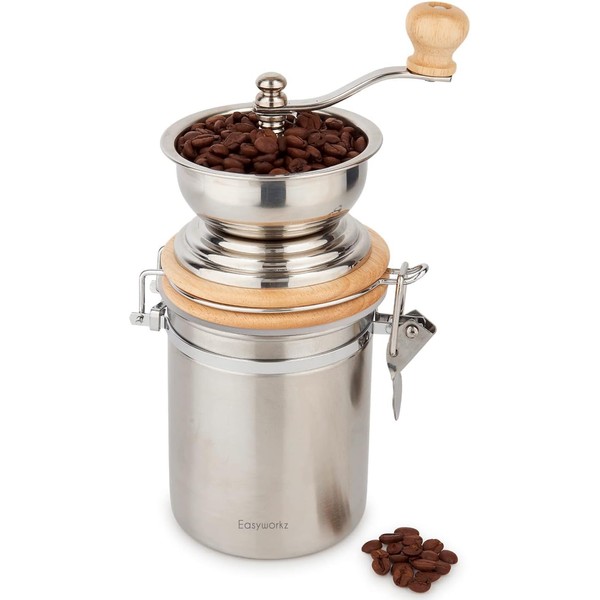 Easyworkz Moulin à café manuel avec boîte hermétique, réglage réglable, outil de moulin à café manuel en acier inoxydable
