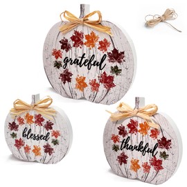 3 Pcs Thanksgiving Pumpkin Signs Wooden Table Ornaments with Colorful Fall Maple Leaves 3 Sizes Thanksgiving Blessed Grateful Thankful Table Decorations for Living Room, Home Office, Table