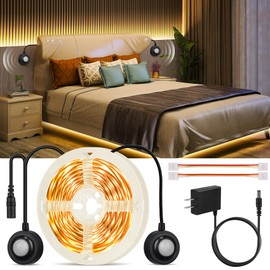HOUHUI Dual Motion Sensor Light Indoor Under Bed Lights,16.4Ft Motion Activated LED Strip Lights for Bedside,12V Warm White Under Cabinet Light Two Motion Sensors LED Strip for Stair Closet Hallway