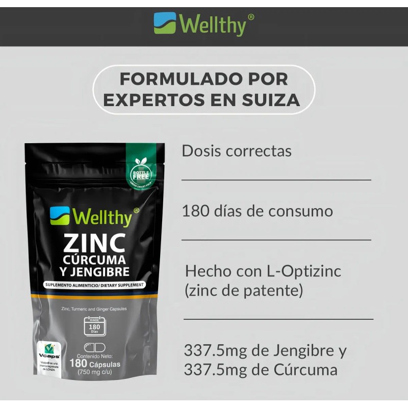 Zinc, Curcuma Y Jengibre 180 Cápsulas Wellthy Sabor Sin Sabor
