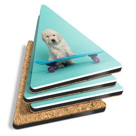 4 x Triangle Coasters - Skateboarding Labrador Puppy Dog Cork Backed MDF Glossy Tea Coffee Accessory #21416