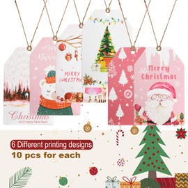 Beautyflier 60pcs Kraft Paper Gift Tags with String, 60pcs Hanging Strings, 3.34x2.16IN, Christmas Design, Gift Decoration