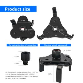 NGHEY 1 PC Flat Foot Three-jaw Oil Grid Wrench, 2.16"-4.25" Removal Range Oil Filter Element Removal Tool, Suitable for 1/2DR Drive Tool, Suitable for Most Models (Black)