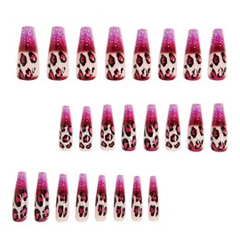 French Tip Leopard Press on Nails Medium Coffin Fake Nails Cute Glue on Nails Reusable Acrylic Nails Full Cover Artificial Nails Medium Length False Nails Glossy Stick on Nails for Women and Girls
