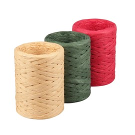 Raffia Ribbon, 3 Rolls 984 Feet Christmas Ribbon String for Gift Wrapping, Craft Paper Twine for Holiday Decor, Crafting (Natural, Green and Red Color)