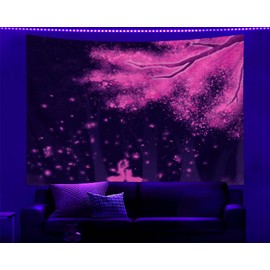 dueeia Blacklight Cherry Blossom Tapestry Wall Hanging Glow in the Dark Uv Nature Tapestries for Bedroom Aesthetic Living Room Wall Decor(59.1"x39.4")