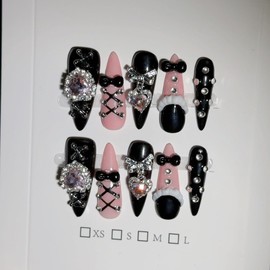 Hantyer Gothic Punk Press on Nails, Long Stiletto Matte Black & Pink Nails, Silver Gothic Charms, Pink Rhinestones & 3D Art, Salon Nails Reusable & Easy Apply for Parties & Night Events (Size S)