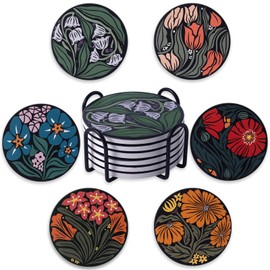 STARUBY Coasters Absorbent Ceramic Coaster Drink Coasters with Cork Back Beautiful Artistic Flowers Set of 6 Round Coaster Non Slip for Coffee Table Wine Glass Home Bar 4 Inch, Colorful