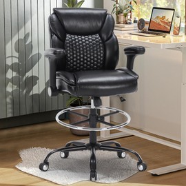 OLYFING Drafting Chair, Tall Office Chair with Adjustable Armrests PU Leather Standing Desk Chair with Adjustable Foot Ring,Comfy Mid-Back High Office Chair for Counter Height Desk, Black