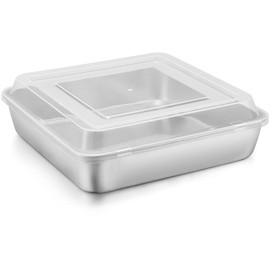 E-far - charola para hornear de 9 x 9 pulgadas con tapa, moldes cuadrados para hornear brownie de acero inoxidable, no tóxico y saludable, fácil de limpiar y apto para lavaplatos, 2 piezas (1 sartén +