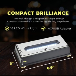 ASENTE 16 LED Light Base for Glass Art - Illuminated Rectangle Display Pedestal - Lighted Stand For 3D Crystal and Glass Sculptures - Adapter Plug Powered - 6.50 Inch Lighted Mirror Box (Black)