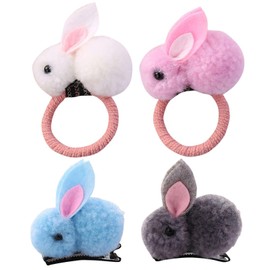 2 Pieces Of Rabbit Hair Rings And 2 Pieces Of Rabbit Hair Clips, Rabbit Hair Rope, Plush Hair Rings, Girls Hair Ring Hair Clips, Rabbit Hair Tie, Rabbit Party Outfit.