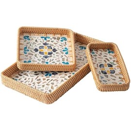 AstraLoom 3-Piece Bamboo Dinnerware Set - Handwoven Rectangular Plates with Colorful Printed Bases, Natural Style for Kitchen, Dining & Entertaining